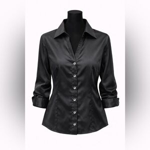 Black Satin Button-Down Blouse | Elegant Work Shirt | Size M